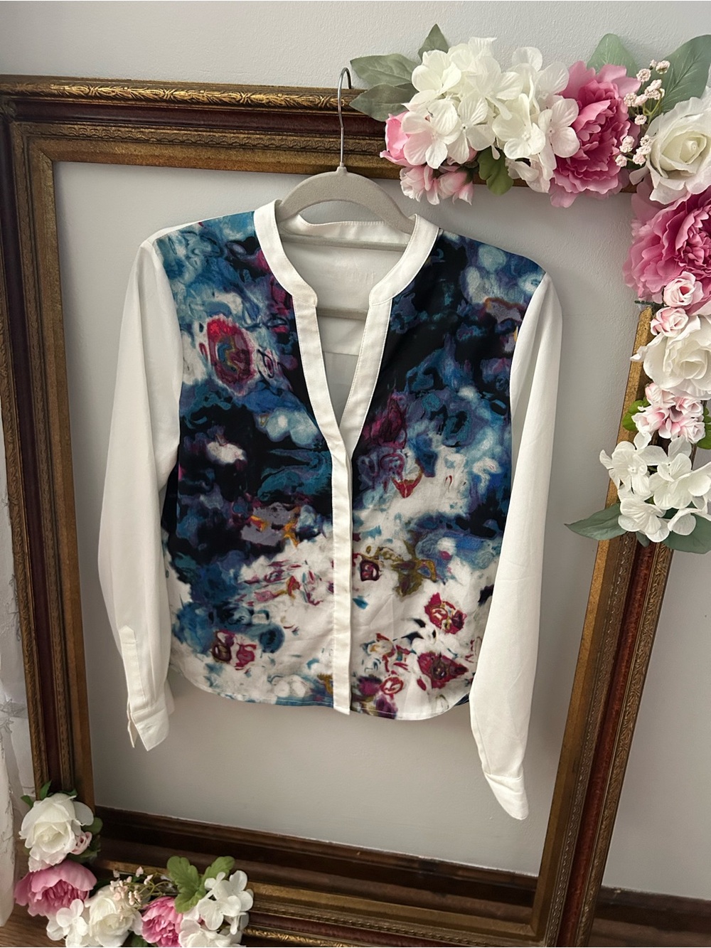 White Button-Down Blouse with Blue Abstract Front
